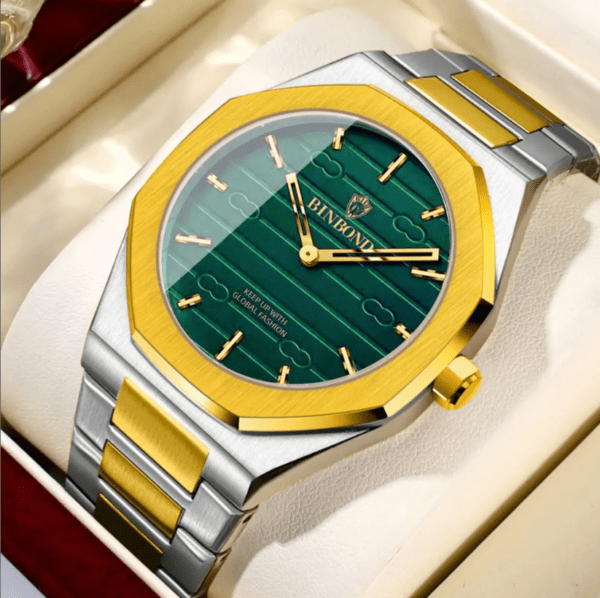 01: BINBOND 818 Golden Green | Brand Casual Men’s Quartz Watch Octagonal Waterproof Night Light Luxurious And Fashionable - Image 3