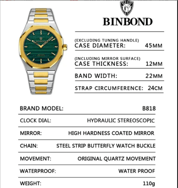 01: BINBOND 818 Golden Green | Brand Casual Men’s Quartz Watch Octagonal Waterproof Night Light Luxurious And Fashionable - Image 5