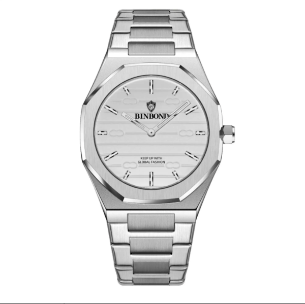 03: BINBOND 818 Silver White | Brand Casual Men’s Quartz Watch Octagonal Waterproof Night Light Luxurious And Fashionable
