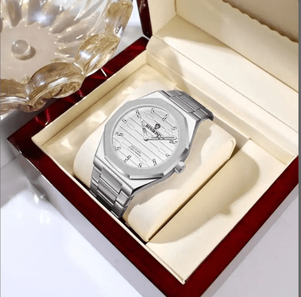 03: BINBOND 818 Silver White | Brand Casual Men’s Quartz Watch Octagonal Waterproof Night Light Luxurious And Fashionable - Image 3