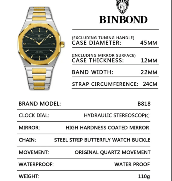 08: BINBOND 818 Golden white | Brand Casual Men’s Quartz Watch Octagonal Waterproof Night Light Luxurious And Fashionable - Image 4