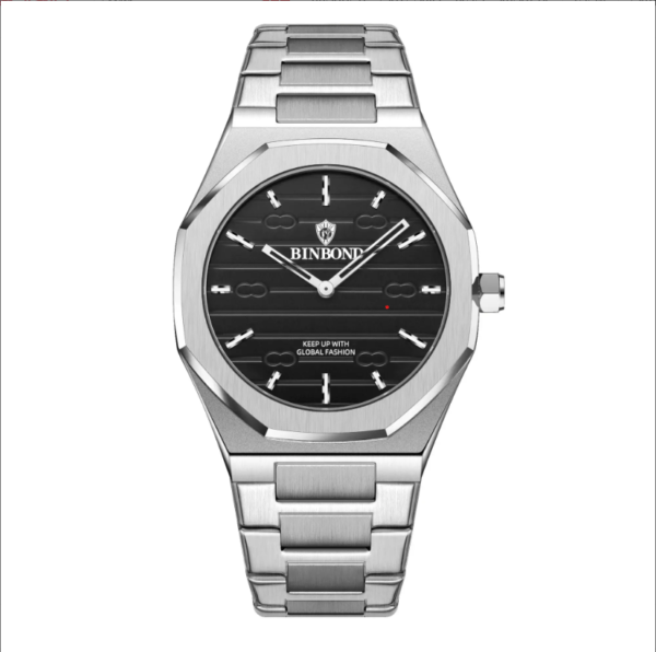 09: BINBOND 818 Silver Black | Brand Casual Men’s Quartz Watch Octagonal Waterproof Night Light Luxurious And Fashionable